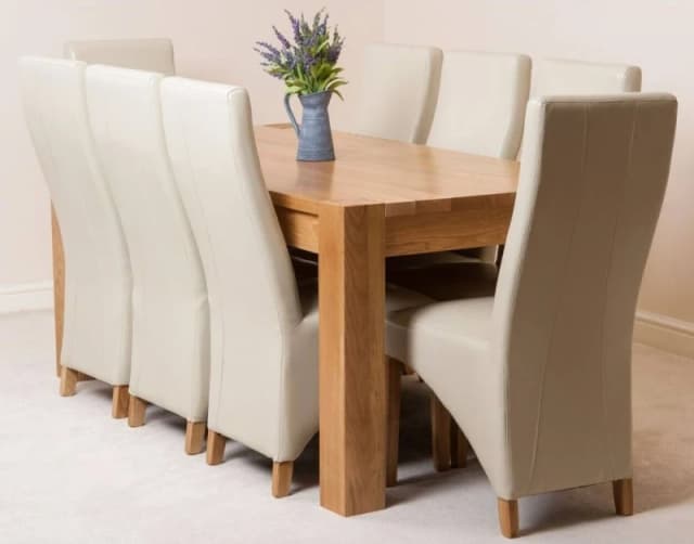 Thats Furniture Kuba 180 x 90cm Chunky Oak Dining Table & 8 Lola Leather Chairs in Cream Cream Unisex 180 x 90 cm