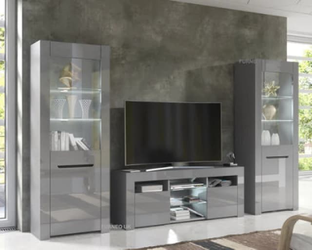 Furneo High Gloss & Matt Grey Living Room Set TV Stand Display Cabinets Milanog White LED Lights