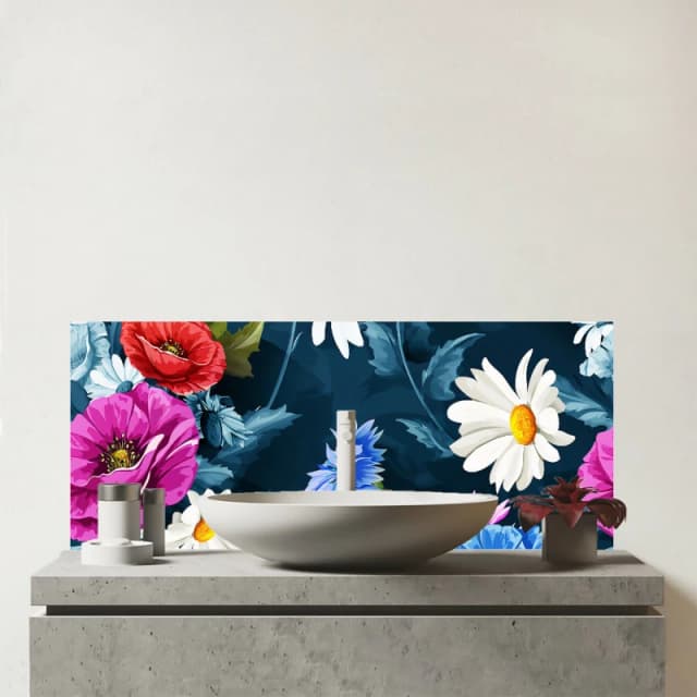 Warren Reed - Designer Poppy Flowers With Chamomile Glass Bathroom Splashback in Blue Blue Unisex