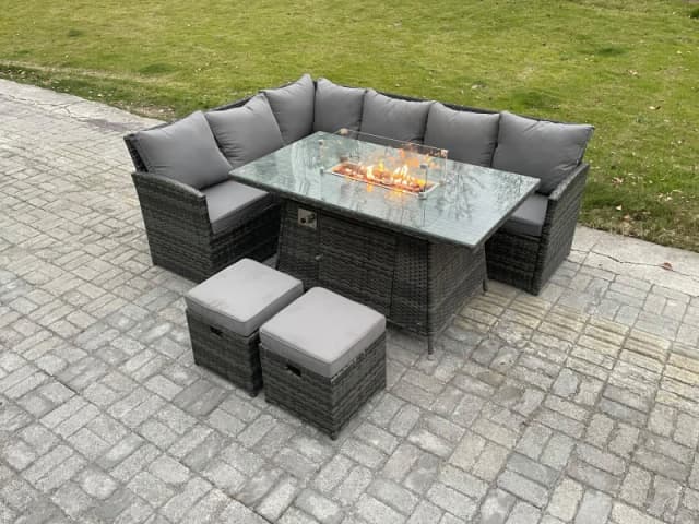Fimous Rattan Garden Furniture High Back Corner Sofa Gas Fire Pit Dining Table Sets Gas Heater with 2 Small Footstools 8 Seater Dark Grey