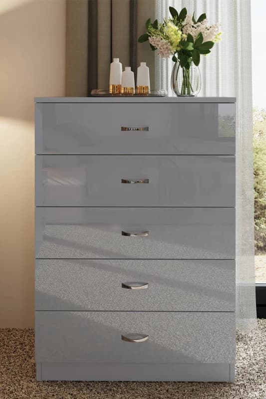 FWStyle FWStyle 5 Drawer Tall High Gloss Chest Of Drawers in Grey Grey One Size Unisex 5056413121080