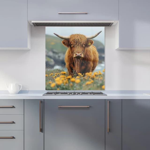 Warren Reed - Designer Highland Cow By The Coast Kitchen Splashback in Brown Size: 700mm x 750mm Brown Unisex 700mm x 750mm
