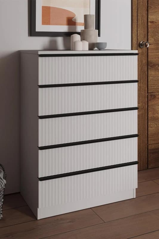 FWStyle Ripple Effect White 5 Drawer Chest Of Drawers Nightstand Scalloped Fronts White