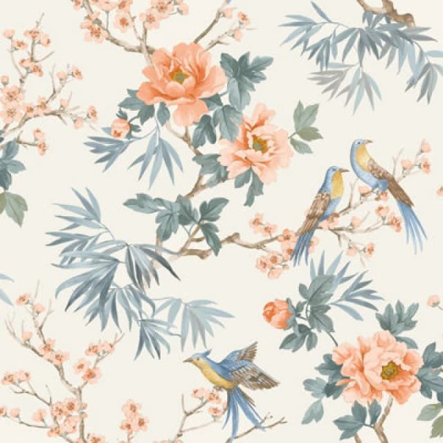 Rasch Elegant Homes Chinoiserie Exotic Birds Floral Leaf Flowers Leaves Wallpaper Pink