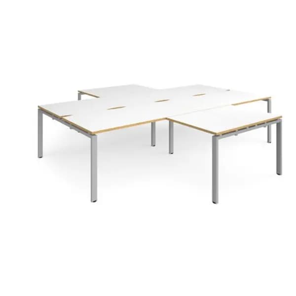 Adapt Bench Desk 4 Person With Return Desks 3200mm White/Oak Tops With Silver Frames Adapt White/Oak ER32168-S-WO