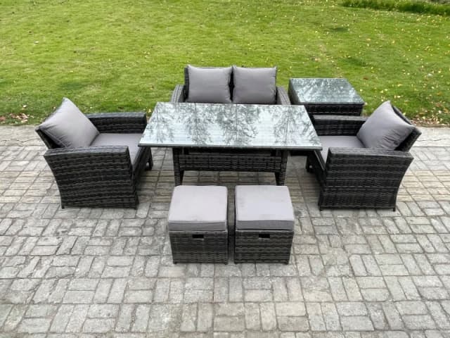 Fimous Pe Wicker Outdoor Garden Furniture Set Patio Furniture Rattan Rectangular Dining Table Lounge Sofa For Garden