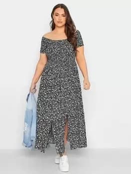 Yours Shirred Bardot Dress Mono Ditsy, Black, Size 14, Women