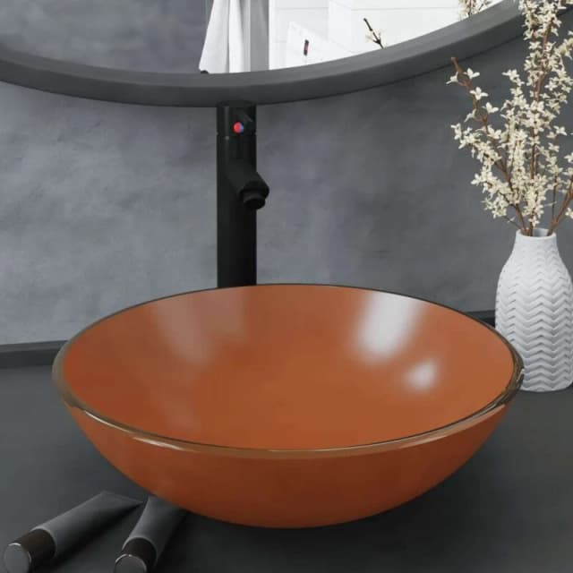 vidaXL Bathroom Sink with Tap and Push Drain Brown Tempered Glass, Brown 3098455