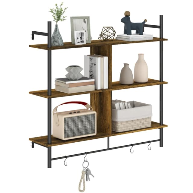 HOMCOM Wall Shelf Unit with 4 Hooks for Living Room - Rustic Brown TJ Hughes Grey 5063603686755