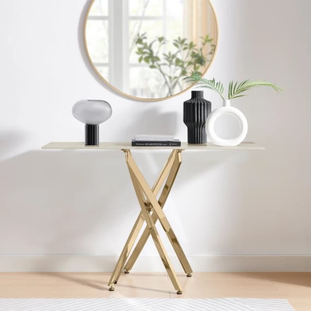 FurnitureboxUK FurnitureboxUK Leonardo Rectangular Marble Effect Glass Top Console Table With Gold Metal Starburst Legs in White White One Size Unisex