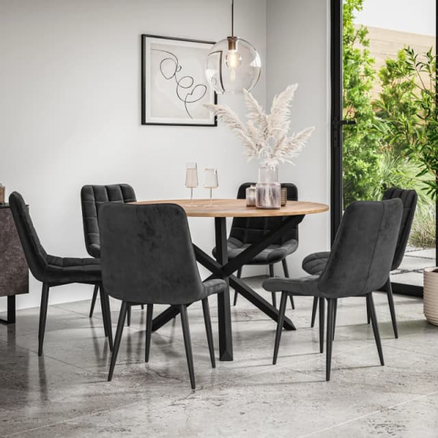More4Homes Malvern Round Dining Table And Chairs - Oak Table Top W Solid Black Oak Legs + Nova Velvet Dining Chair Set Of 6 (Black)