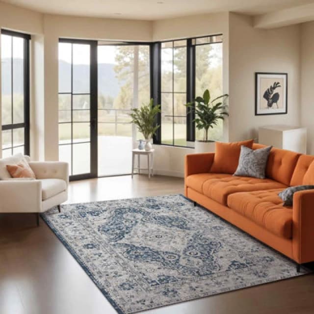 Livabliss Vintage Oriental Boho Navy Petra Area Rug 160 X 220 Cm - Easy Care, Non Shedding, Ideal For Living Room & Bedroom