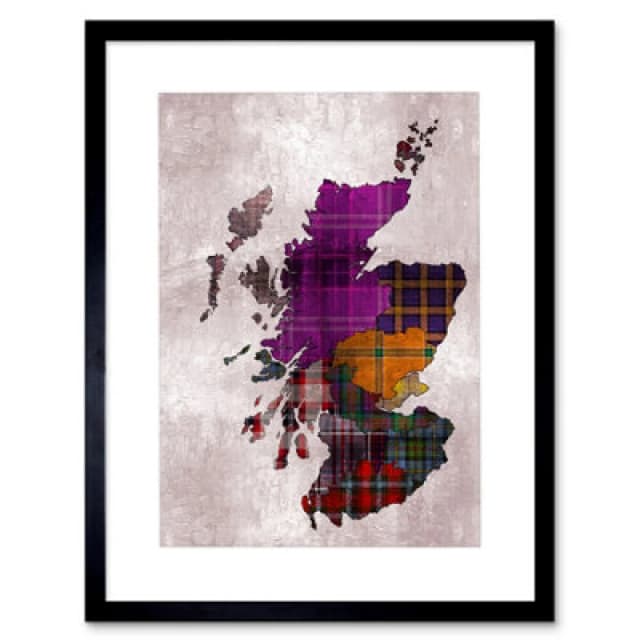 Artery8 Wall Art Print Painting Map Outline Scotland Tartan Inset Regions Artwork Framed 9X7 Inch