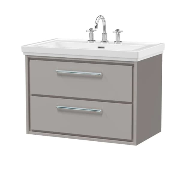 Balterley Modern Bathroom Wall Hung 2-Drawer Vanity Unit With Fireclay Basin, Pebble Grey, 800mm