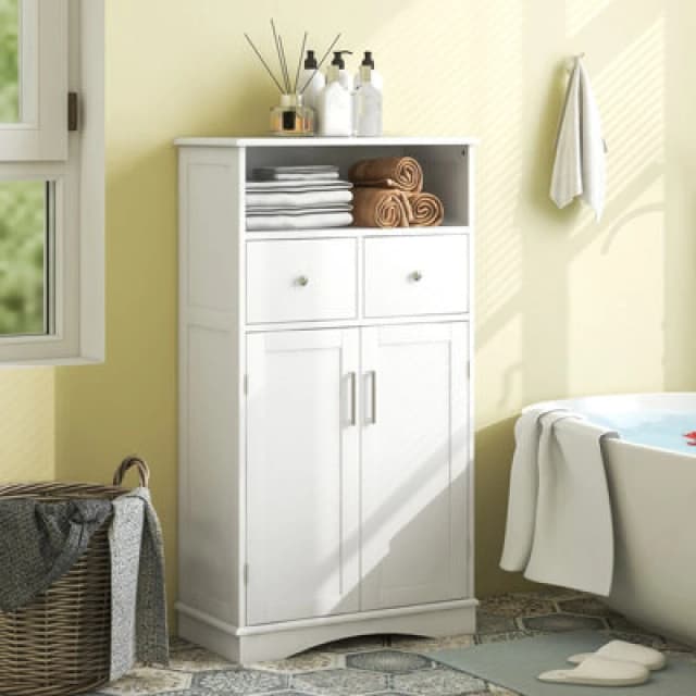 Costway Bathroom Floor Cabinet Home Office Storage Organizer W/2 Drawers & Adjustable Shelves