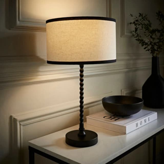 ValueLights ValueLights Maeve Natural Linen Black Trim Drum Shade Matte Black Bobbin Table Lamp and Bulb Black One Size Unisex 5059406067440