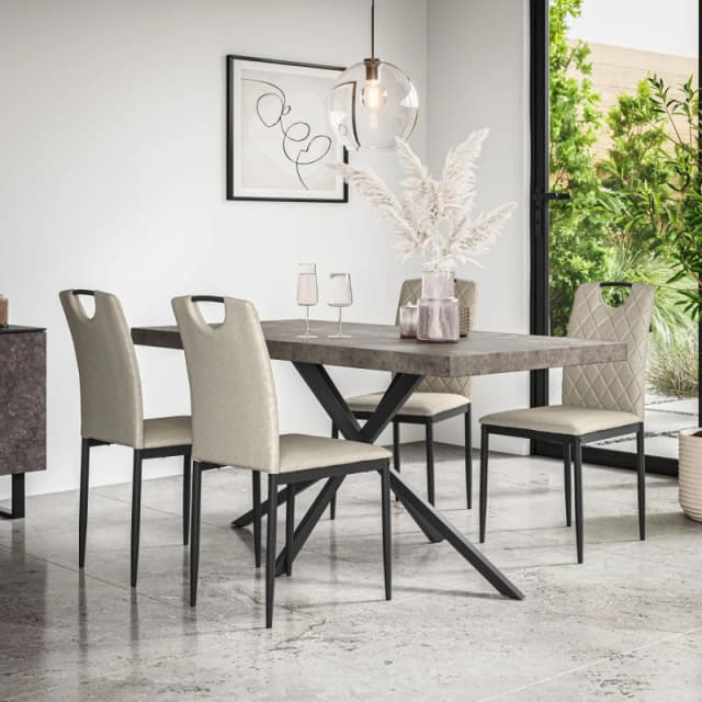 More4Homes Donni Dining Table And Chairs - Concrete Effect Table Top W Black Legs + Monza Linen Dining Chair Set Of 4 (Beige)