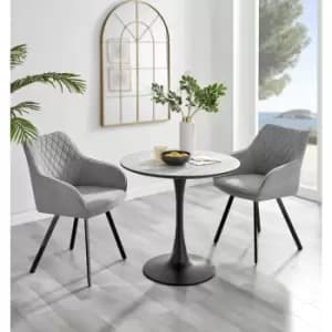 Furniturebox UK - Furniturebox Elina White Marble Effect Modern 80cm Round Dining Table & 2 Light Grey Falun Black Leg Fabric Chairs
