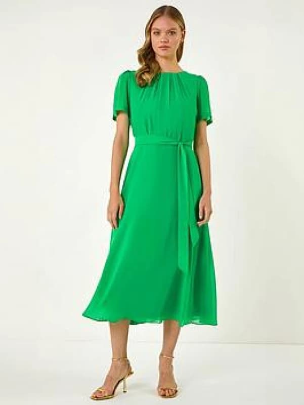 Roman Womens Pleat Chiffon Belted Midi Dress in Green Size: 14 Green Female 14