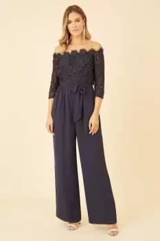 Navy Lace Bardot 3/4 Sleeve Jumpsuit