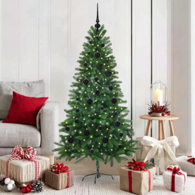 vidaXL Christmas Tree with 150 LEDs, Black Balls with Stand Green 150cm PE, Green 3396319