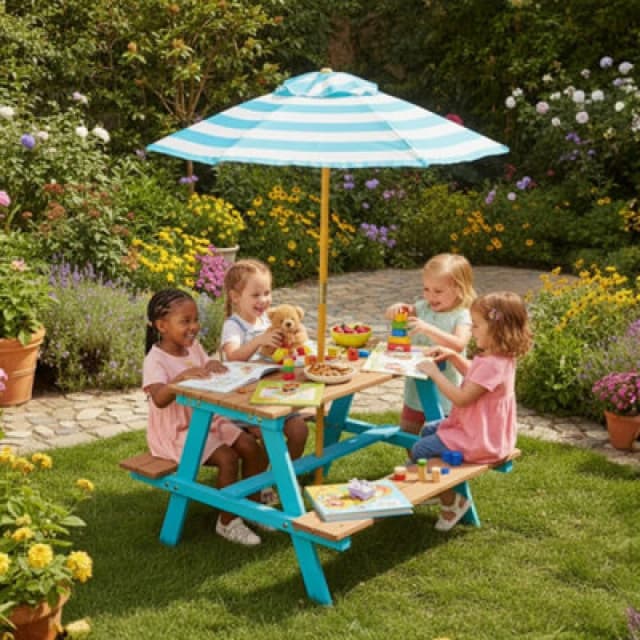 Teamson Kids Children's Wooden Picnic Table With Umbrella For Outdoor Garden Play, Blue