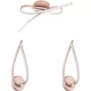 Low Ceiling Light & 2x Matching Wall Lights Rose Gold LED Twist Strip Lamp