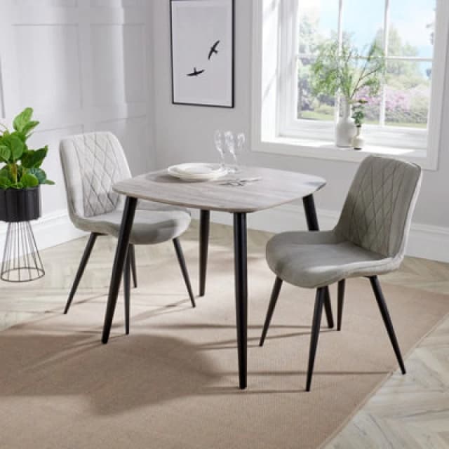 Core Products Aspen Grey Oak Effect 80Cm Square Dining Table With 2 Light Grey Cord Fabric Diamond Stitch Design Chairs