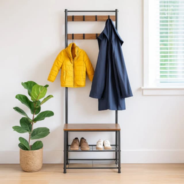 Harbour Housewares Square Steel Coat Rack With Shoe Storage Bench - Black/brown