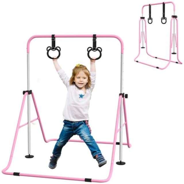 HOMCOM Adjustable Height Foldable Kids Gymnastics Bar with Non-Slip Mats - Pink TJ Hughes 5056725563776