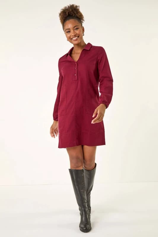 Roman Womens Collared Shift Shirt Dress in Wine Size: 12 Wine Female 12