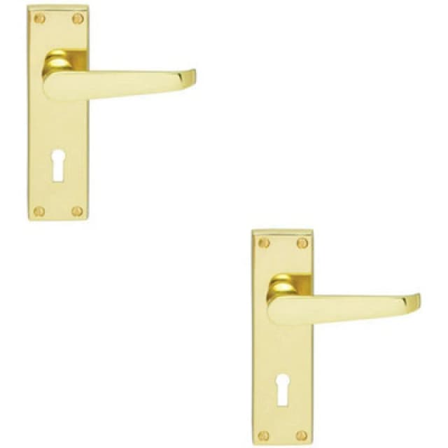 Loops 2x PAIR Victorian Flat Lever on Lock Backplate Handle 150 x 42mm Polished Brass Metallics