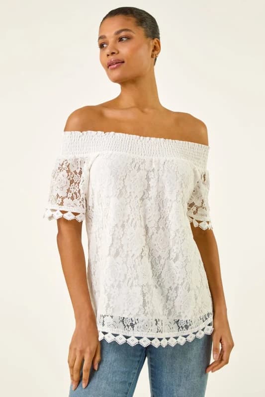 Roman Womens Lace Detail Bardot Top in Ivory Size: 20 Ivory Female 20