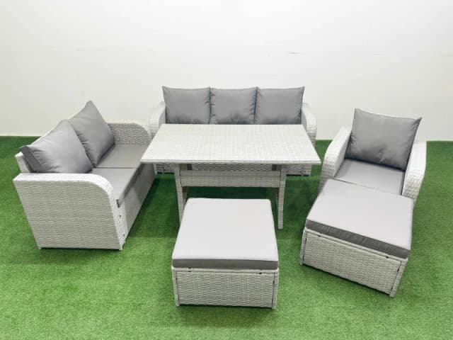 Fimous Patio PE Wicker 8 Seater Outdoor Rattan Furniture Sofa Sets with Rectangular Dining Table Reclining Chair Loveseat Sofa 3 Seater Sofa 2 Big Foo