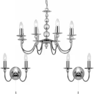8 Bulb Ceiling Pendant Lamp & 2x Matching Twin Wall Light Chrome & Clear Glass
