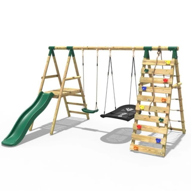 Rebo Wooden Swing Set with Boat Swing, Slide and Climbing Wall - Quartz Green Green