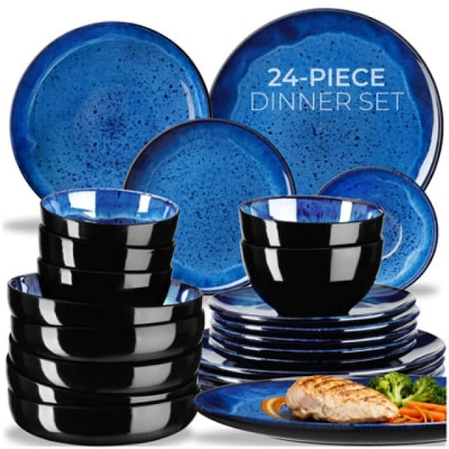 Tectake 24 PC Dinner Set Mare In Glazed Stoneware For 6 People, Microwave- And Dishwasher-Safe - Blue