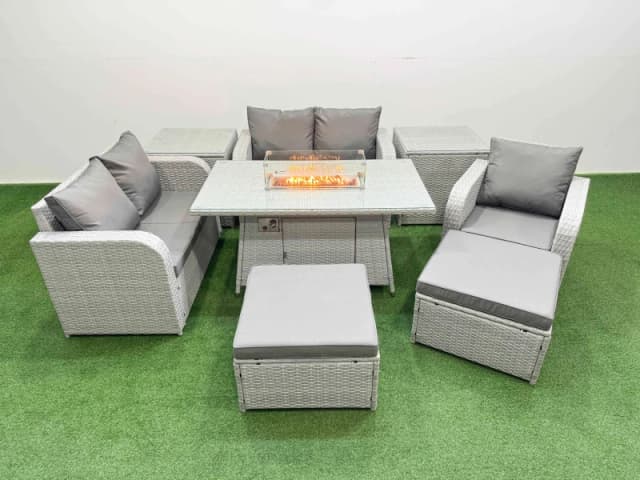 Fimous High Back Poly Rattan Garden Furniture Set with Reclining Chair Loveseat Sofa Firepit Dining Table Indoor Outdoor Patio Set 2 Big Stool 2 Side