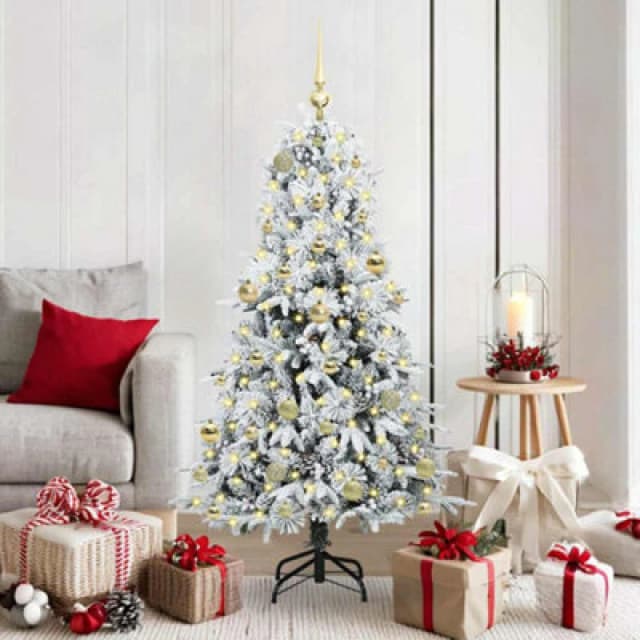 vidaXL Artificial Hinged Christmas Tree with Gold Balls Snow Flocked Green 150cm PE and PVC, Green 3397475