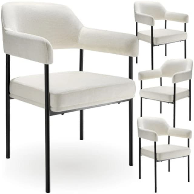 Tectake Set Of 4 Armchair Doe - Durable Fabric, Black Powder-Coated Legs, 120 Kg Load, 58 X 62 X 85cm - Woven Fabric Off-White/black