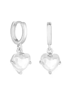 Silver Crystal Heart Huggie Hoop Earrings