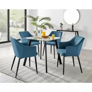 Furniturebox Seattle Glass and Black Metal Leg Square Dining Modern Industrial Dining Table & 4 Blue Calla Black Leg Velvet Chairs
