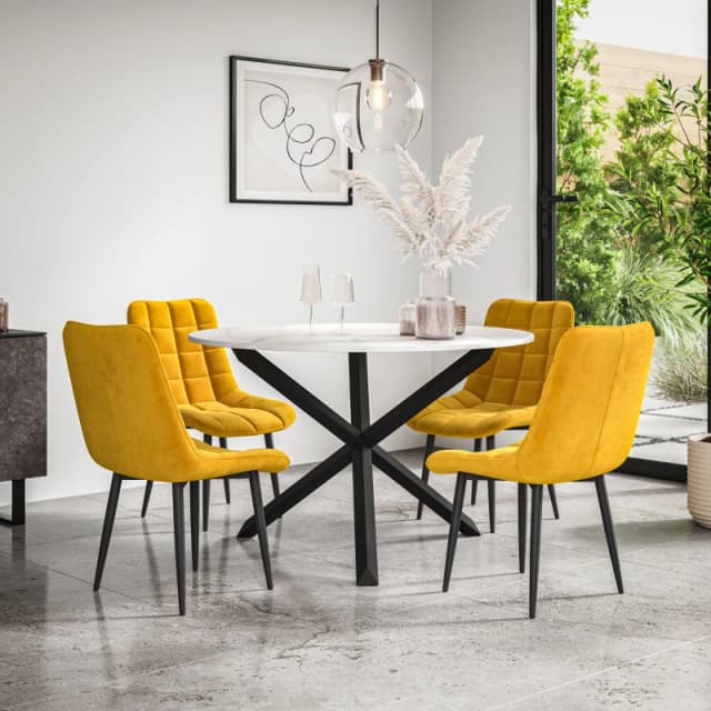 More4Homes Malvern Round Dining Table And Chairs - Marble Table Top W Solid Black Oak Legs + Nova Velvet Dining Chair Set Of 4 (Mustard)