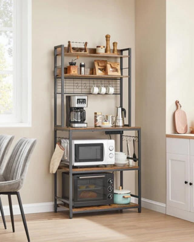 Songmics Kitchen Storage Rack With Power Outlet, Coffee Bar, Baker's Rack, With Wire Panel, Hooks, Rustic Brown And Ink Black