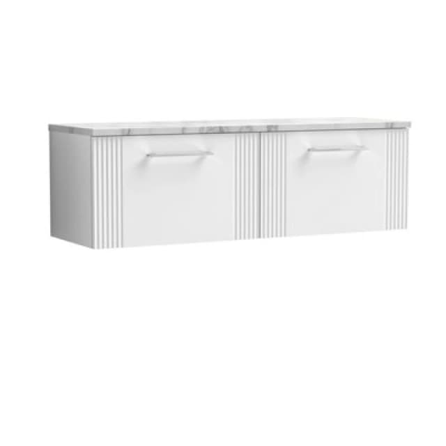 Nuie Deco Wall Hung 2-Drawer Vanity Unit & Carrera Marble Laminate Worktop, Counter Top Vanity Unit In Satin White, 1200mm