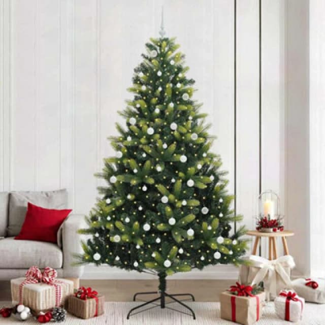 vidaXL Artificial Hinged Christmas Tree 300 LEDs, White Balls Green 240 cm, Green 3396012