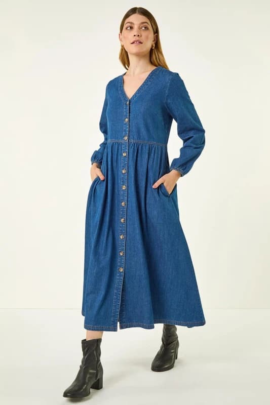 Roman Womens Denim Button Through Midi Dress in Blue Size: 12 Blue Female 12