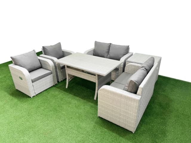 Fimous 6 Seater Outdoor Reclining Chair Love Sofa Set Rattan Garden Furniture Set with Rectangular Dining Table Side Table Light Grey Light Grey