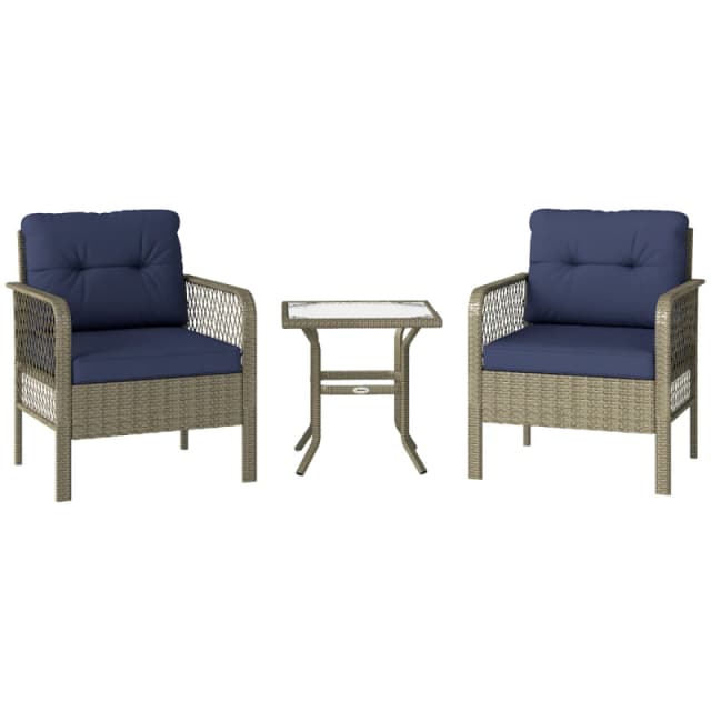 Outsunny 3 Pieces Rattan Bistro Set with Tempered Glass Table Charcoal Grey TJ Hughes 5063603022164