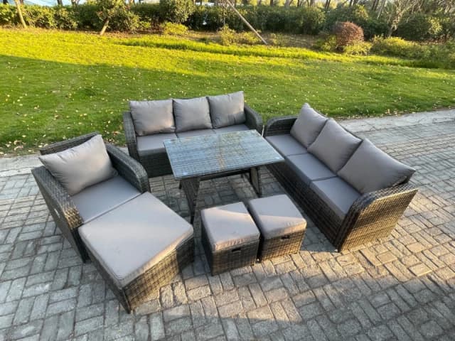 Fimous Wicker 7 Pieces Rattan Garden Furniture Sofa Set with Rectangular Dining Table Armchair 3 Footstools Dark Grey Mixed Dark Grey